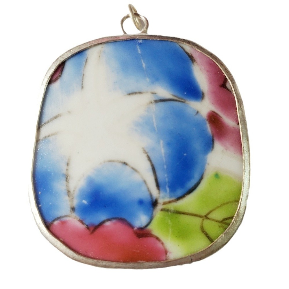 Vintage Porcelain Pottery Shard Pendant Floral Blue Pink Green Gift Boxed NEW